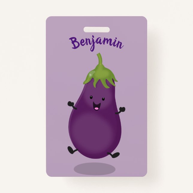 Cute happy eggplant aubergine cartoon illustration badge (Front)