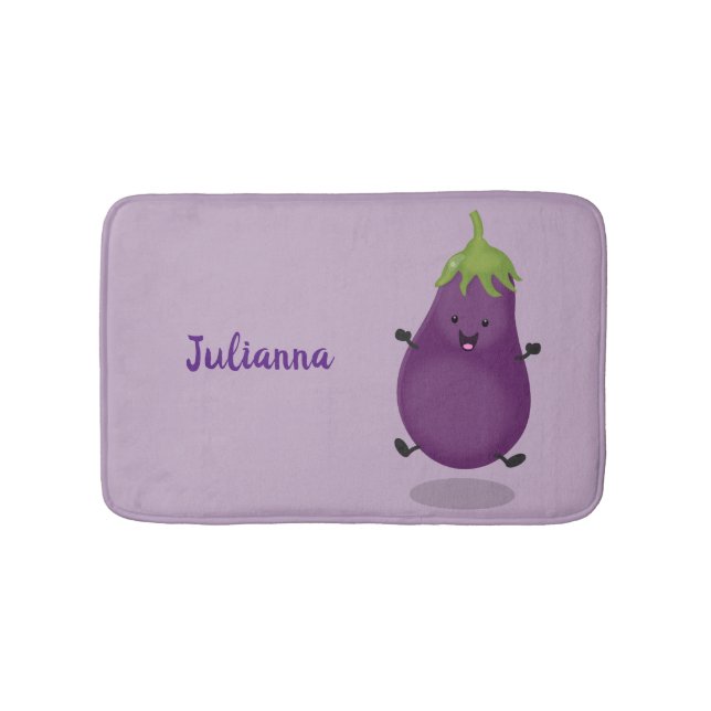 Cute happy eggplant aubergine cartoon illustration bath mat (Front)