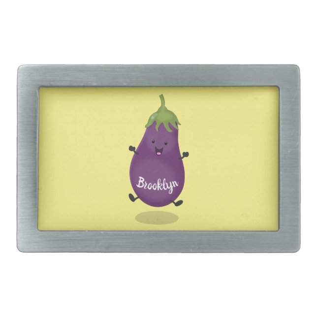 Cute happy eggplant aubergine cartoon illustration belt buckle (Front)