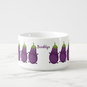 Cute happy eggplant aubergine cartoon illustration bowl