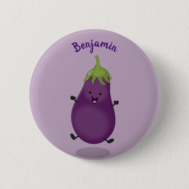 Cute happy eggplant aubergine cartoon illustration button (Front)