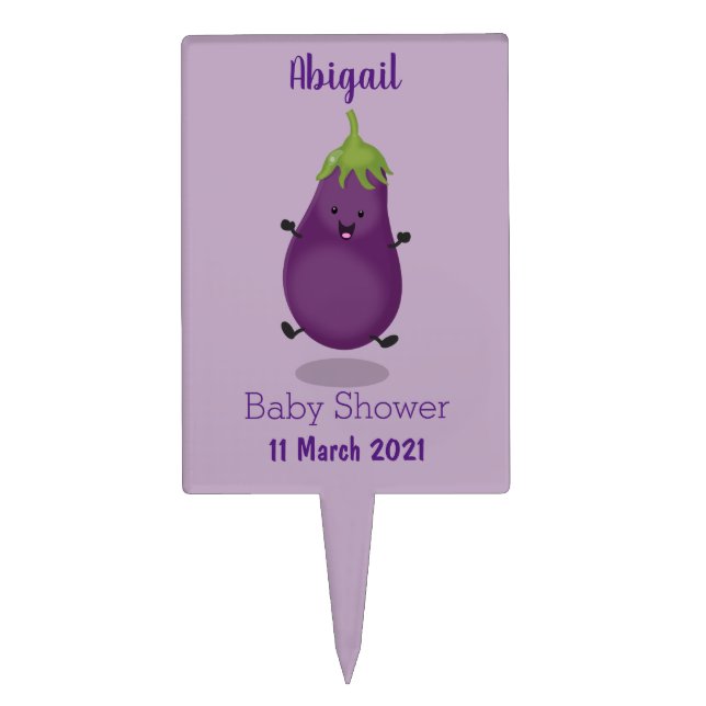 Cute happy eggplant aubergine cartoon illustration cake topper (Front)