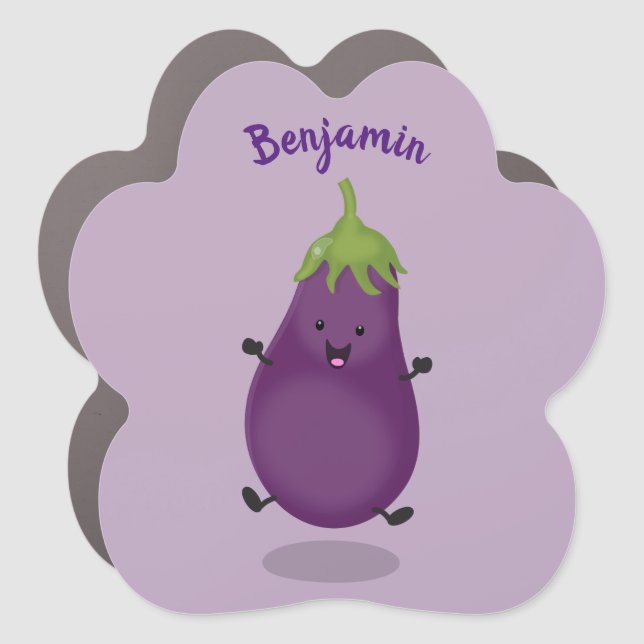 Cute happy eggplant aubergine cartoon illustration car magnet (Front)