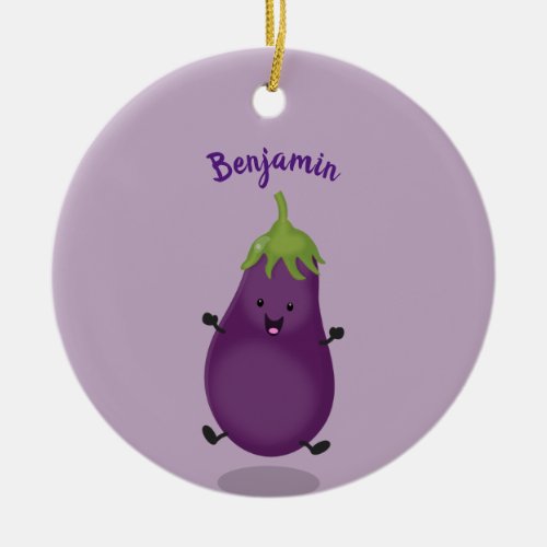 Cute happy eggplant aubergine cartoon illustration ceramic ornament