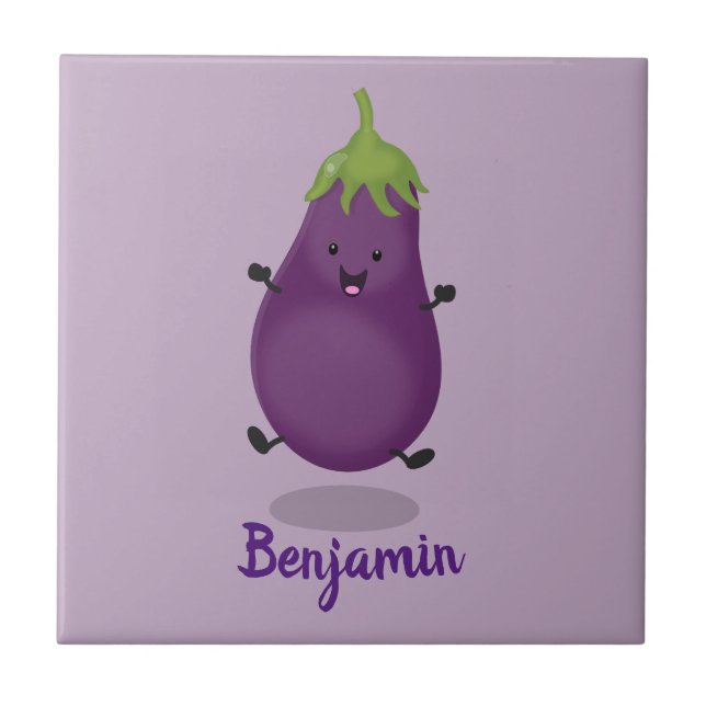 Cute happy eggplant aubergine cartoon illustration ceramic tile (Front)
