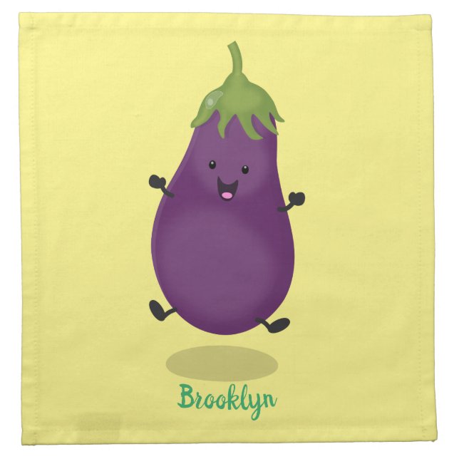 Cute happy eggplant aubergine cartoon illustration cloth napkin (Front)
