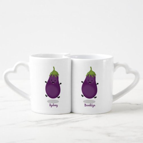 Cute happy eggplant aubergine cartoon illustration coffee mug set