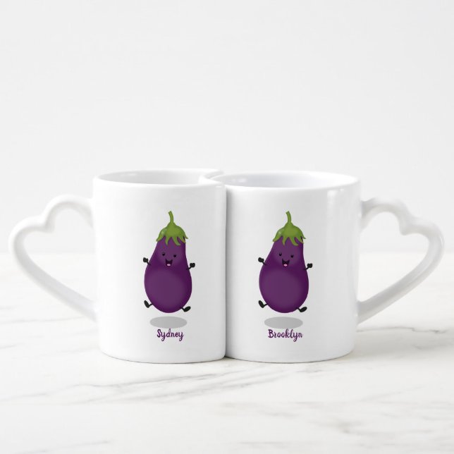 Cute happy eggplant aubergine cartoon illustration coffee mug set (Back Nesting)