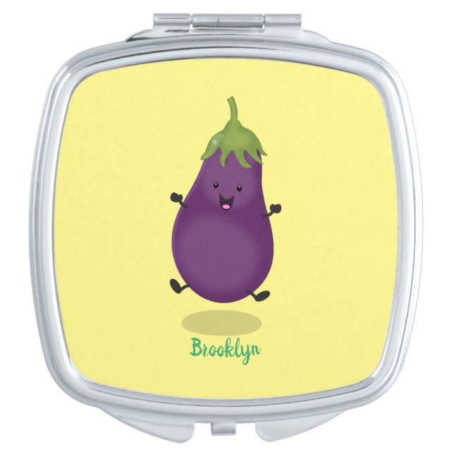 Cute happy eggplant aubergine cartoon illustration compact mirror (Front)