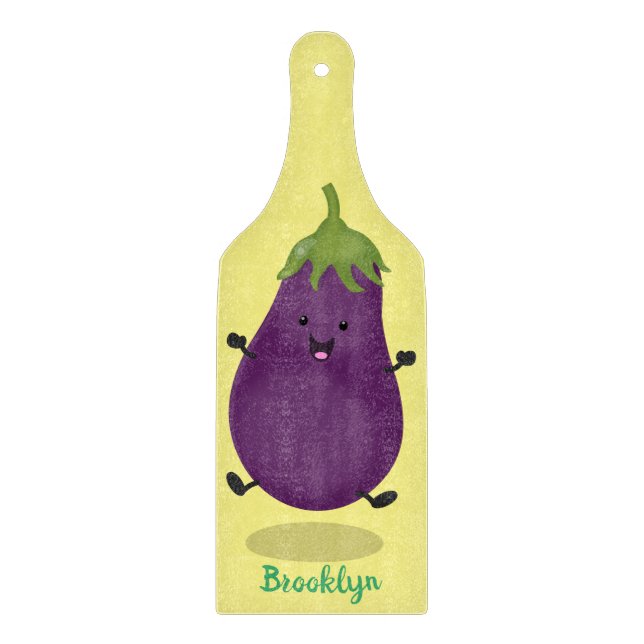 Cute happy eggplant aubergine cartoon illustration cutting board (Front)