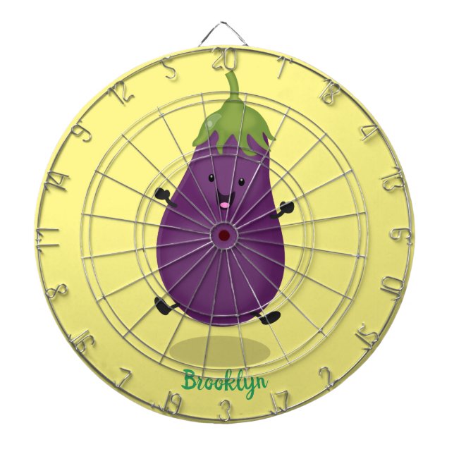 Cute happy eggplant aubergine cartoon illustration dart board (Front)