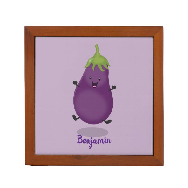 Cute happy eggplant aubergine cartoon illustration desk organizer (Front)