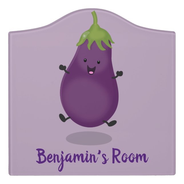 Cute happy eggplant aubergine cartoon illustration door sign (Large Crest Front)