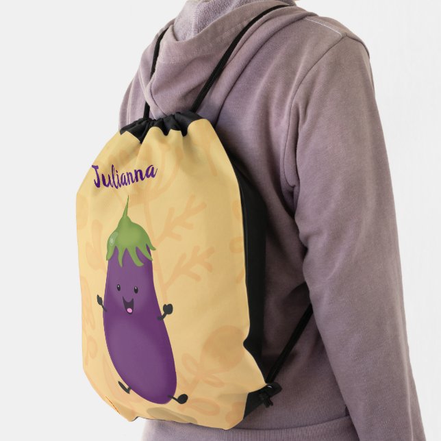 Cute happy eggplant aubergine cartoon illustration drawstring bag (Insitu)