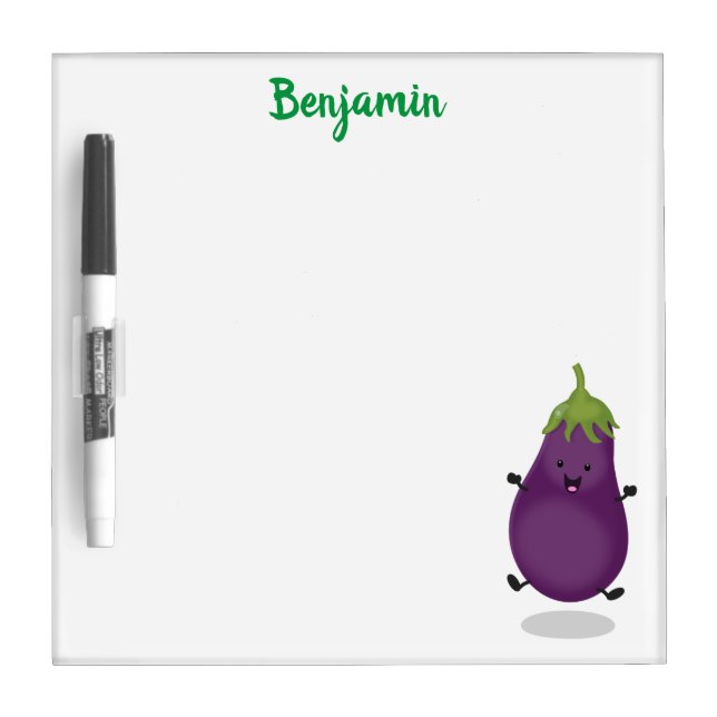 Cute happy eggplant aubergine cartoon illustration dry erase board (Front)