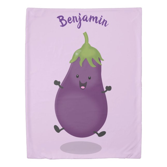 Cute happy eggplant aubergine cartoon illustration duvet cover (Front)