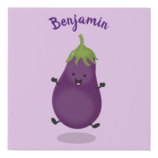 Cute happy eggplant aubergine cartoon illustration faux canvas print (Front)