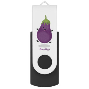 Cute happy eggplant aubergine cartoon illustration flash drive