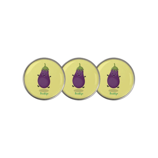 Cute happy eggplant aubergine cartoon illustration golf ball marker (3 Up)