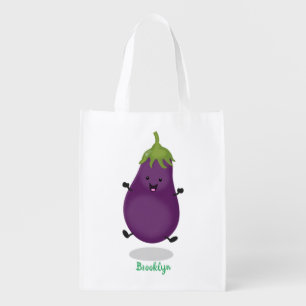 Cute happy eggplant aubergine cartoon illustration grocery bag