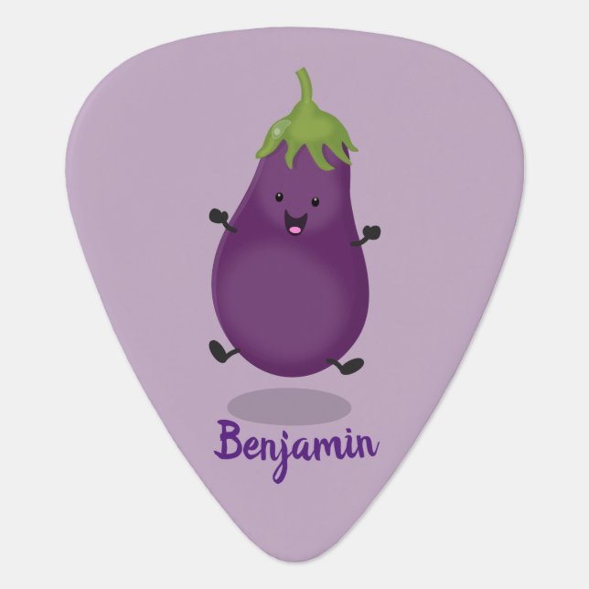 Cute happy eggplant aubergine cartoon illustration guitar pick (Front)