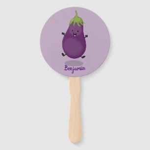 Cute happy eggplant aubergine cartoon illustration hand fan