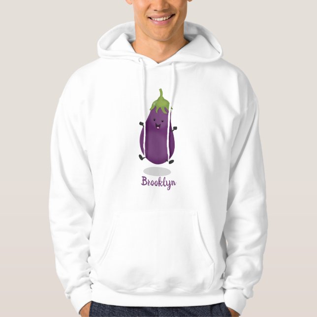 Cute happy eggplant aubergine cartoon illustration hoodie (Front)