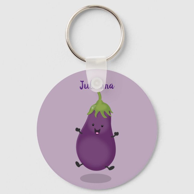 Cute happy eggplant aubergine cartoon illustration keychain (Front)