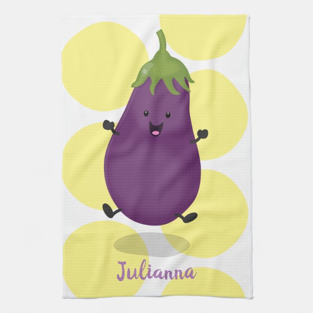 Cute happy eggplant aubergine cartoon illustration kitchen towel (Vertical)