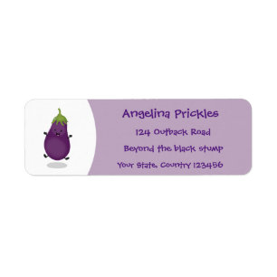 Cute happy eggplant aubergine cartoon illustration label