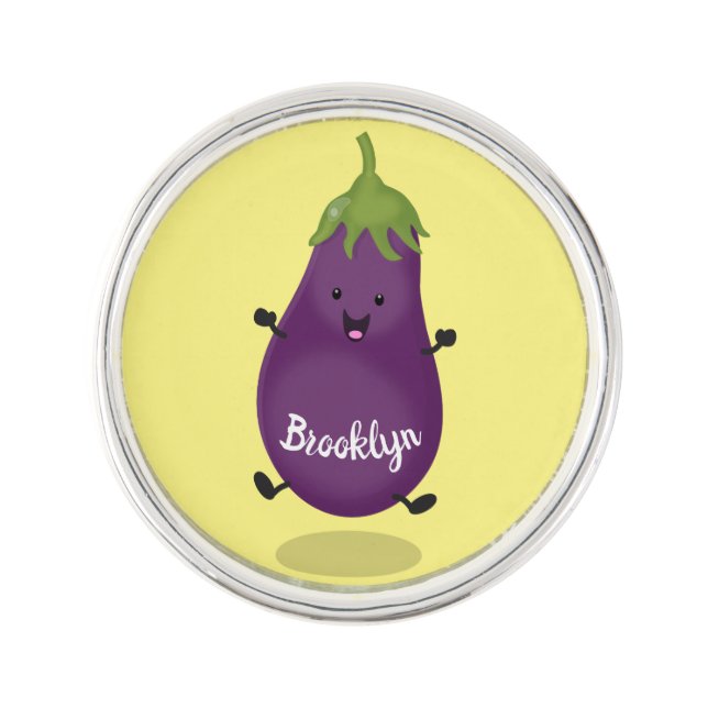 Cute happy eggplant aubergine cartoon illustration lapel pin (Front)