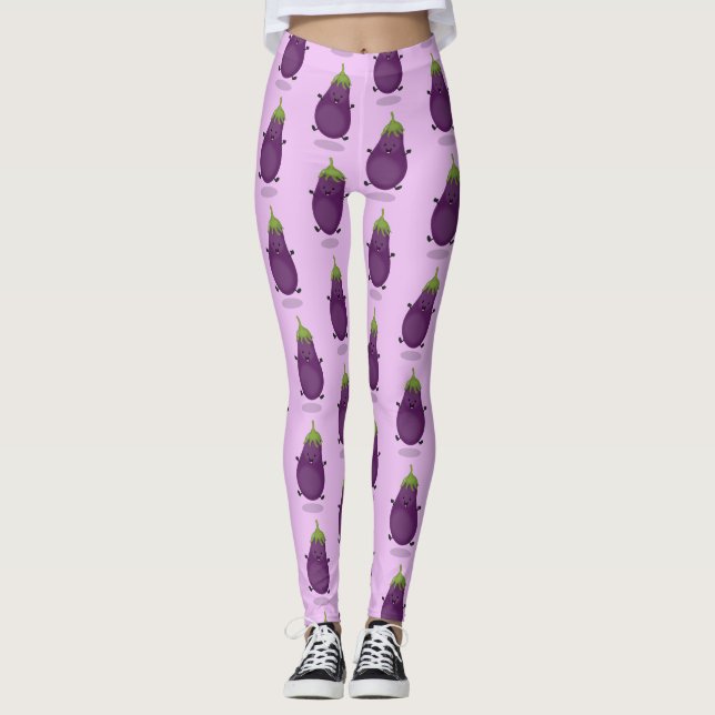 Cute happy eggplant aubergine cartoon illustration leggings (Front)