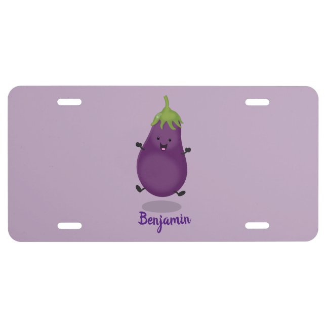 Cute happy eggplant aubergine cartoon illustration license plate (Front)