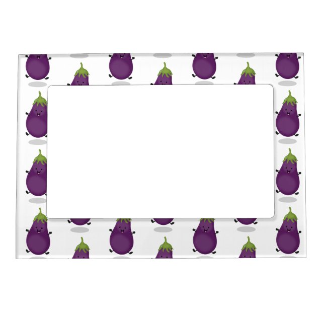 Cute happy eggplant aubergine cartoon illustration magnetic frame (Front)