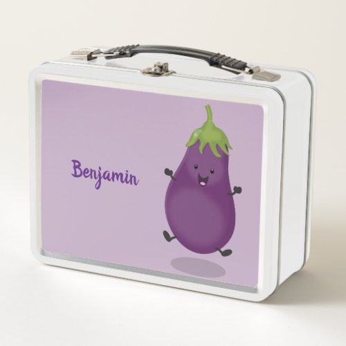 Cute happy eggplant aubergine cartoon illustration metal lunch box