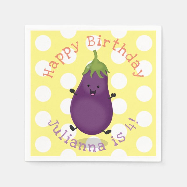 Cute happy eggplant aubergine cartoon illustration napkins (Front)