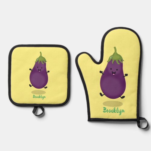 Cute happy eggplant aubergine cartoon illustration oven mitt  pot holder set