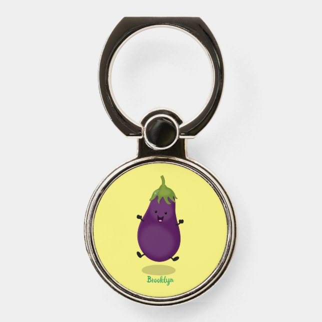 Cute happy eggplant aubergine cartoon illustration phone ring stand (Front)