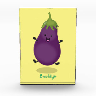 Cute happy eggplant aubergine cartoon illustration photo block
