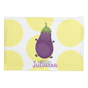 Cute happy eggplant aubergine cartoon illustration pillow case