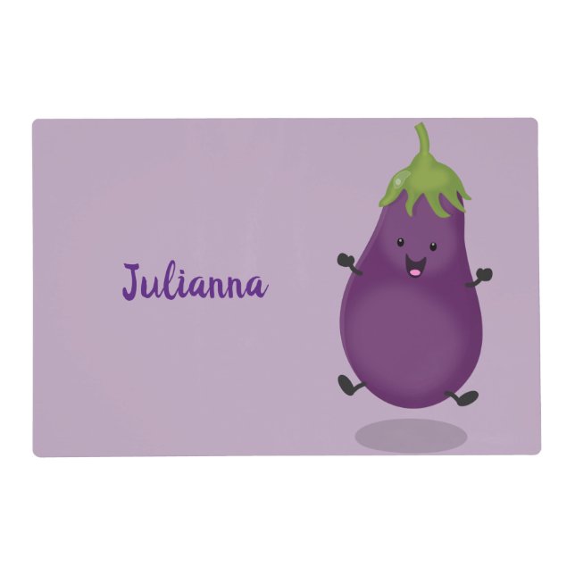 Cute happy eggplant aubergine cartoon illustration placemat (Front)