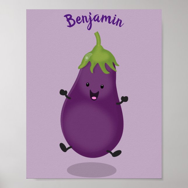 Cute happy eggplant aubergine cartoon illustration poster (Front)