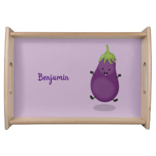 Cute happy eggplant aubergine cartoon illustration serving tray