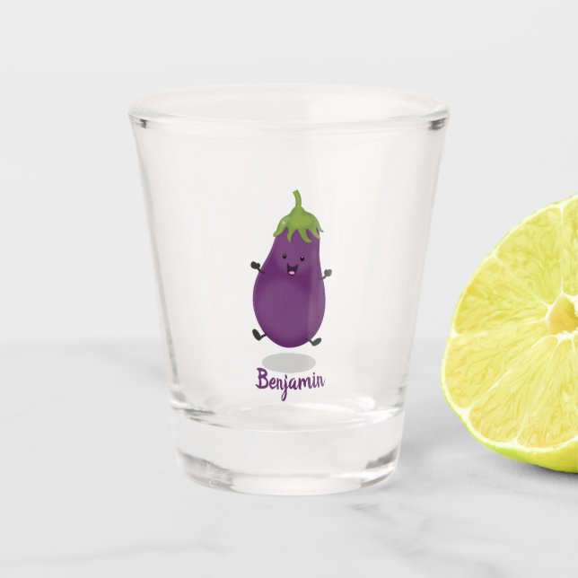 Cute happy eggplant aubergine cartoon illustration shot glass (Front)