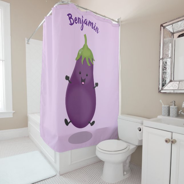 Cute happy eggplant aubergine cartoon illustration shower curtain (In Situ)