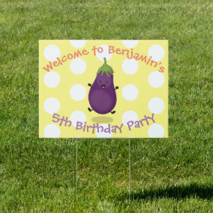 Cute happy eggplant aubergine cartoon illustration sign