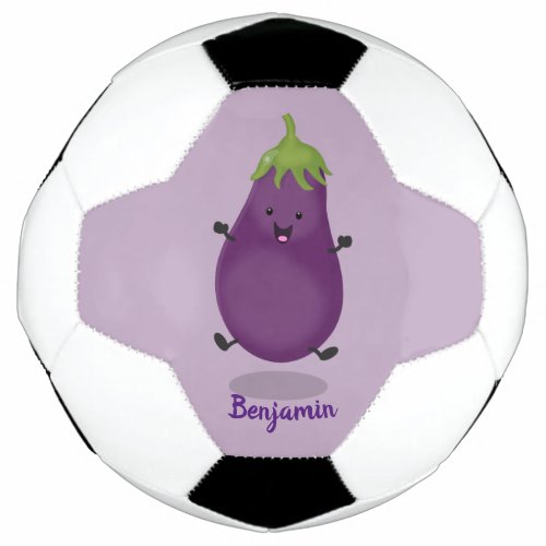 Cute happy eggplant aubergine cartoon illustration soccer ball