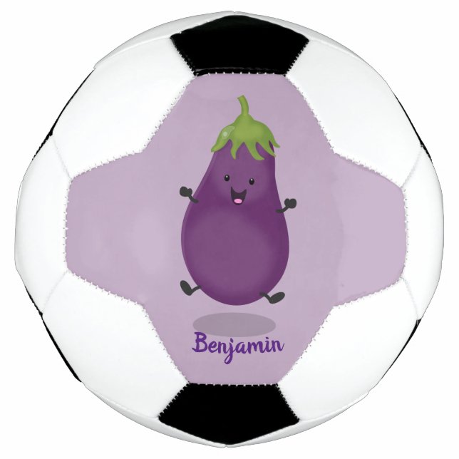 Cute happy eggplant aubergine cartoon illustration soccer ball (Front)