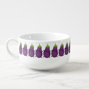 Cute happy eggplant aubergine cartoon illustration soup mug