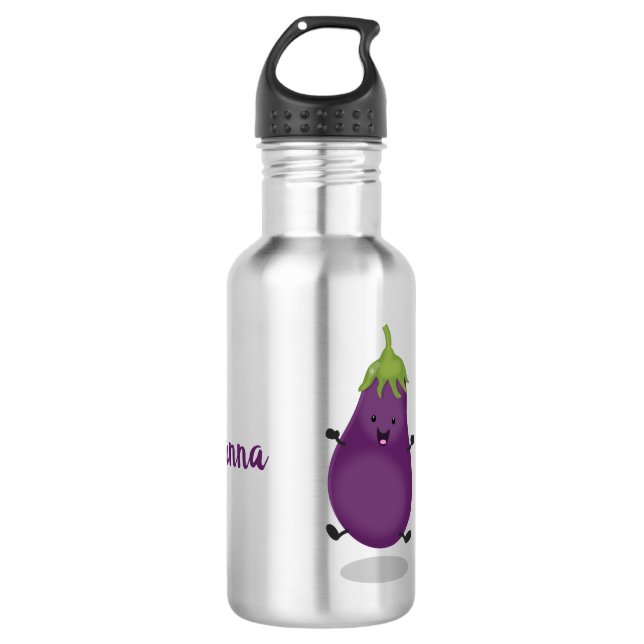 Cute happy eggplant aubergine cartoon illustration stainless steel water bottle (Front)